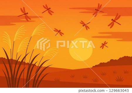 Sunset, Red dragonfly, Japanese silver grass Sunset, Red dragonfly, Japanese silver grass 129663043