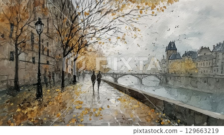 秋葉與歐洲城市景觀的水彩畫 129663219