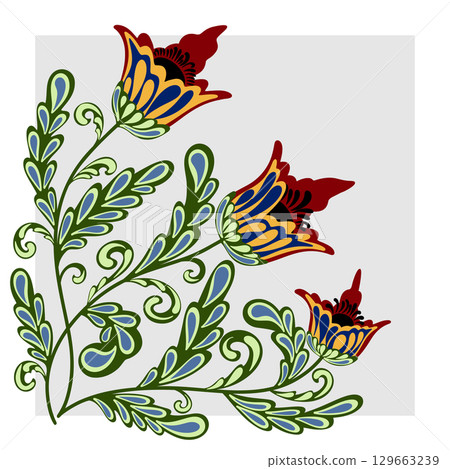 Decorative floral ornament in folk style. Elegant illustration with a pattern of buds and leaves, ethnic folklore Mexican motif for design and decor Decorative floral ornament in folk style. Elegant illustration with a pattern of buds and leaves, ethnic folklore Mexican motif for design and decor 129663239