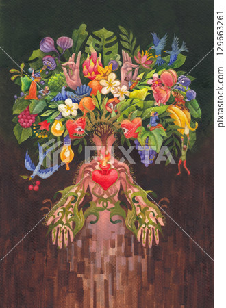 Hand-painted watercolor of a meditating figure, creative energy flowing, symbolic, mindfulness, art, transformation. 129663261