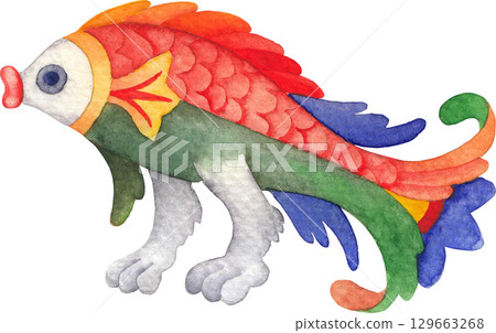 Watercolor illustration of a a whimsical medieval fish with paws Watercolor illustration of a a whimsical medieval fish with paws 129663268