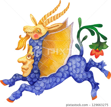 Watercolor illustration of a a whimsical medieval goat-like creature with a human face 129663275