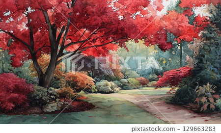 秋葉和花園的水彩畫 129663283