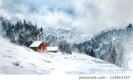 Watercolor painting of snowy mountains in winter 129663287