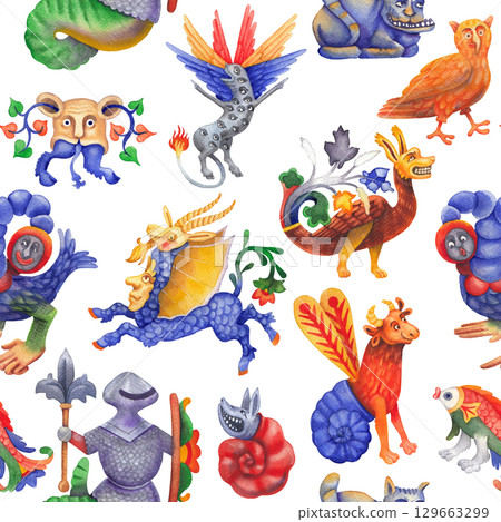 Watercolor seamless pattern of an unknown bestiary creature Watercolor seamless pattern of an unknown bestiary creature 129663299