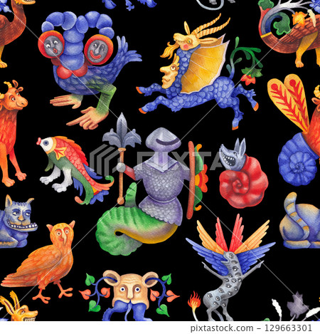 Watercolor seamless pattern of an unknown bestiary creature Watercolor seamless pattern of an unknown bestiary creature 129663301