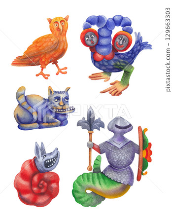 Watercolor illustration of an unknown bestiary creatures 129663303