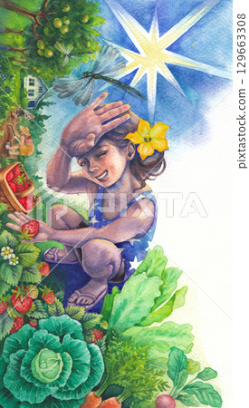 Watercolor girl in garden harvesting strawberries and vegetables, circular distorted perspective 129663308