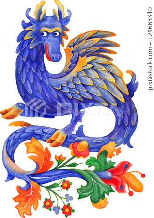 Hand-painted watercolor illustration of a funny blue dragon Hand-painted watercolor illustration of a funny blue dragon 129663310