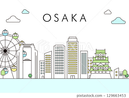 大阪城市景觀線條繪製插圖，包括大阪城和摩天輪 129663453