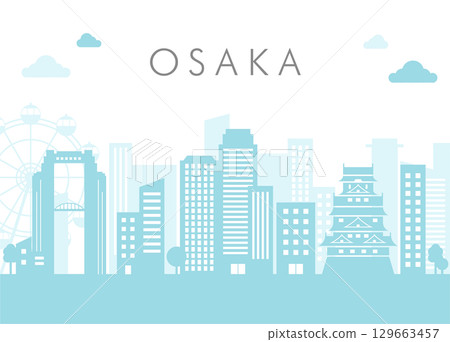 大阪城市景觀插圖，包括大阪城和摩天輪 129663457