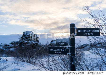 Snowy scenery and signpost in Dimmuborgir, Iceland (near Lake Mývatn) Snowy scenery and signpost in Dimmuborgir, Iceland (near Lake Mývatn) 129663474