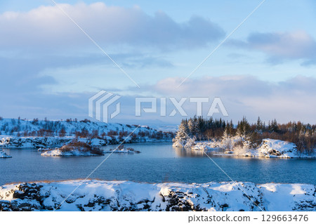米湖(冰島)上白雪覆蓋的小島和森林 米湖(冰島)上白雪覆蓋的小島和森林 129663476
