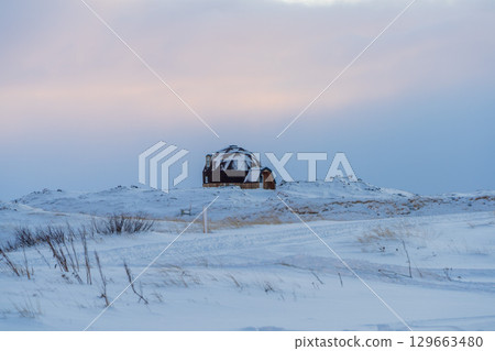 被雪覆蓋的圓頂木屋（冰島） 129663480