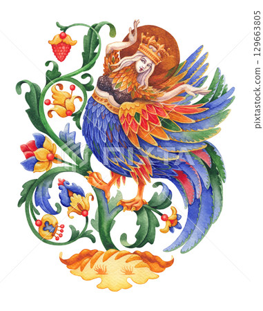 Watercolor girl in crown dancing mythical bird, stylized plants, medieval miniature inspired illustration. 129663805