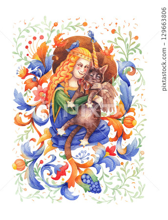 Watercolor curly-haired girl hugs her fantasy-style winged cat. 129663806