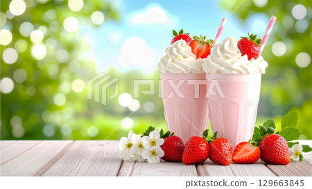 Strawberry milkshake on a wooden table Strawberry milkshake 129663845