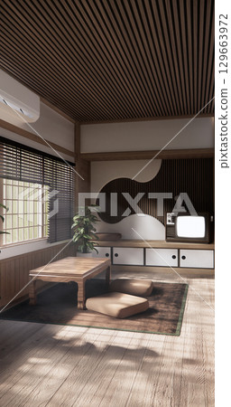 Japanese traditional low table and decoration on minimal muji room japan style.3D rendering 129663972