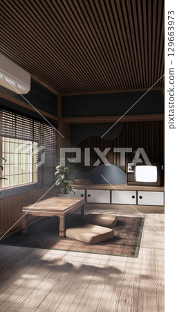Cool colors give a feeling of coolness and calmness. Japanese traditional room, Mock up empty room and decoration room japan style.3D rendering Cool colors give a feeling of coolness and calmness. Japanese traditional room, Mock up empty room and decoration room japan style.3D rendering 129663973