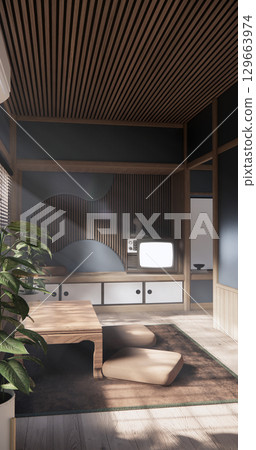 Cool colors give a feeling of coolness and calmness. Japanese traditional room, Mock up empty room and decoration room japan style.3D rendering 129663974