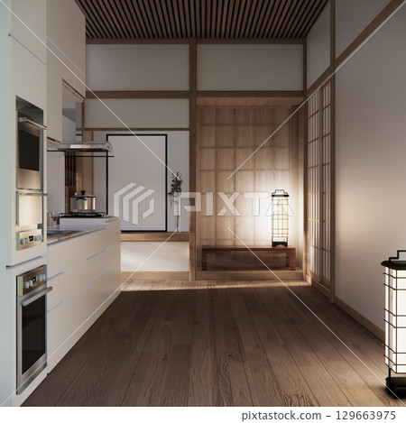 Kitchen room japanese style.3D rendering Kitchen room japanese style.3D rendering 129663975