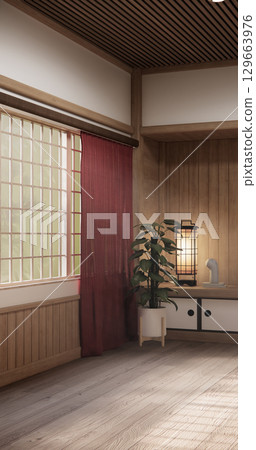 Asia wood room interior cleaning room with decoration Japanese style. 3D rendering Asia wood room interior cleaning room with decoration Japanese style. 3D rendering 129663976