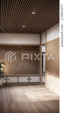 Asia wood room interior cleaning room with decoration Japanese style. 3D rendering 129663977