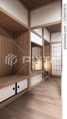 Asia wood room interior cleaning room with decoration Japanese style. 3D rendering 129663978