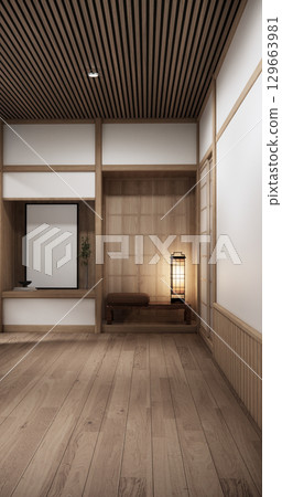 Asia wood room interior cleaning room with decoration Japanese style. 3D rendering 129663981