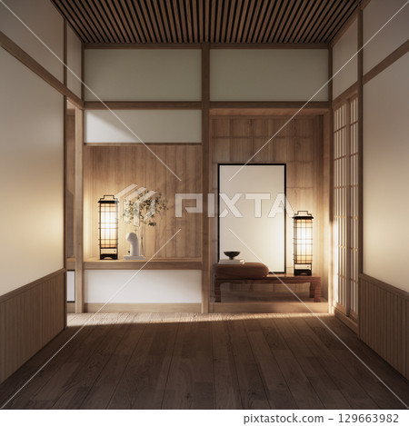 Asia wood room interior cleaning room with decoration Japanese style. 3D rendering Asia wood room interior cleaning room with decoration Japanese style. 3D rendering 129663982