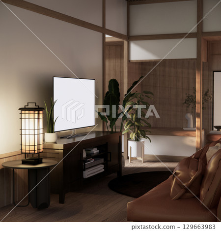 arm chair and decoration japanese on Modern room interior wabisabi style.3D rendering 129663983