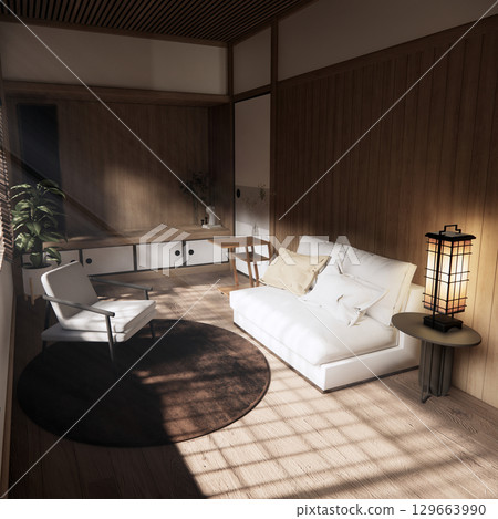 arm chair and decoration japanese on Modern room interior wabisabi style.3D rendering 129663990