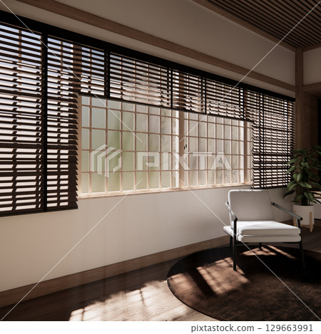 Asia wood room interior cleaning room with decoration Japanese style. 3D rendering Asia wood room interior cleaning room with decoration Japanese style. 3D rendering 129663991