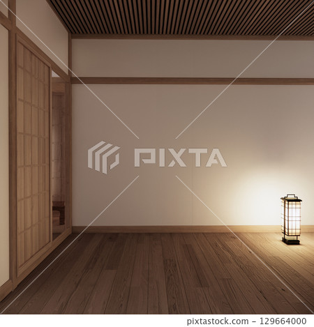Asia wood room interior cleaning room with decoration Japanese style. 3D rendering 129664000