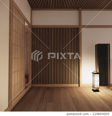 Asia wood room interior cleaning room with decoration Japanese style. 3D rendering Asia wood room interior cleaning room with decoration Japanese style. 3D rendering 129664005