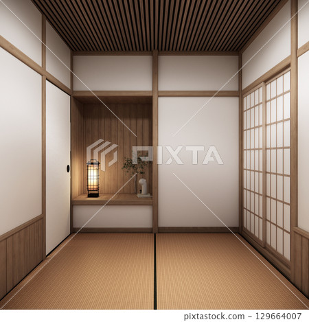 Japan tatami mat floor Living room interior cleaning room with decoration Japanese style. 3D rendering Japan tatami mat floor Living room interior cleaning room with decoration Japanese style. 3D rendering 129664007