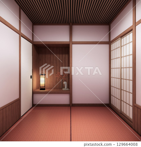 Pink sakura room interior cleaning room with decoration Japanese style. 3D rendering 129664008