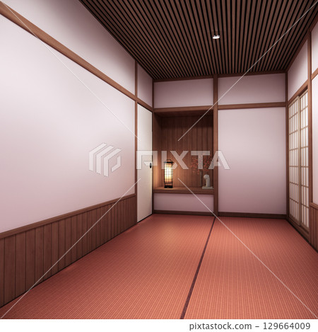 Pink sakura room interior cleaning room with decoration Japanese style. 3D rendering 129664009