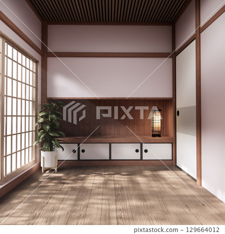 Pink sakura room interior cleaning room with decoration Japanese style. 3D rendering 129664012