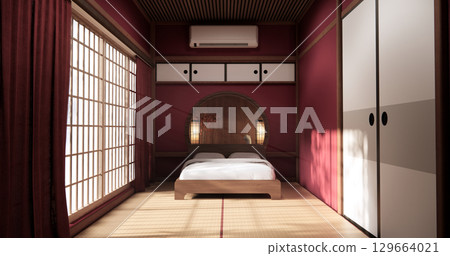 Viva magenta color bedroom japandi design on minimal muji room interior. 3D rendering 129664021