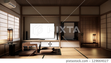 Japanese traditional low table and decoration on minimal muji room japan style.3D rendering 129664027