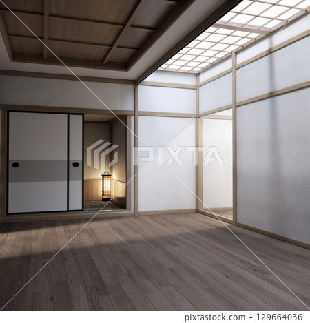 Mock up Cabinet design on earth tone wood room interior modern style .3D rendering 129664036