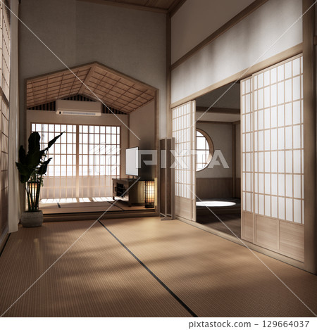 Tatami mat floor, room japanese traditional style. 3D rendering 129664037