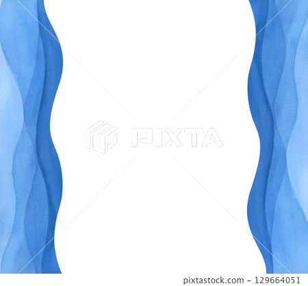 Rectangular abstract frame, hand-drawn. The watercolor illustration is isolated on a white background. A template with stylized blue waves. 129664051