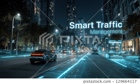 Futuristic smart traffic management system in modern city with AI powered traffic lights and autonomous vehicles 129664117