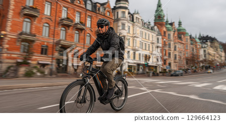 Person rides electric bike through city street lined with historic buildings, wearing helmet and jacket 129664123