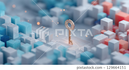 Golden key stands amidst digital landscape of blue and red cubes, symbolizing unlocking cybersecurity in minimalistic style Golden key stands amidst digital landscape of blue and red cubes, symbolizing unlocking cybersecurity in minimalistic style 129664151