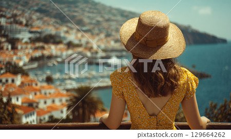 Straw hat and cityscape view 129664262
