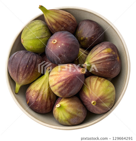 Bowl of ripe purple figs, healthy mediterranean snack isolated on transparent background Bowl of ripe purple figs, healthy mediterranean snack isolated on transparent background 129664291