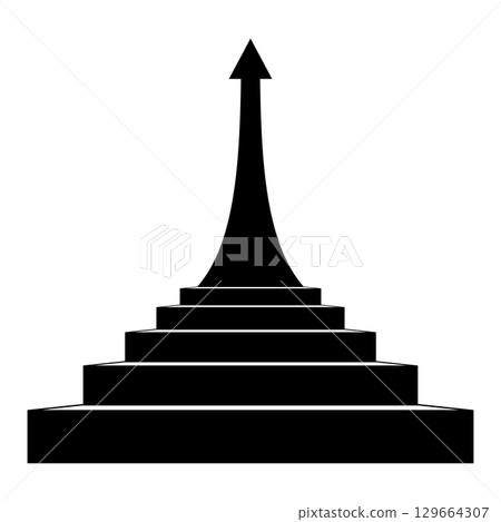 Growth Steps with Upward Arrow Silhouette Vector Illustration. Multi-level staircase leading upward to a tall, curved arrow, symbolizing growth, progress, success and achievement. Growth Steps with Upward Arrow Silhouette Vector Illustration. Multi-level staircase leading upward to a tall, curved arrow, symbolizing growth, progress, success and achievement. 129664307